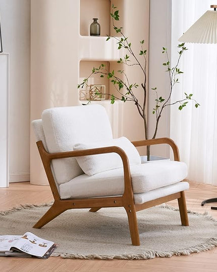 Bonnlo Teddy Fleece White Accent Chairs Set of 2, Upholstered Mid Century Modern Lounge Chairs Reading Chairs Side Sitting Chair Solid Wood Farmhouse Armchairs for Living Room, Bedroom, Guest Room - LeafyLoom