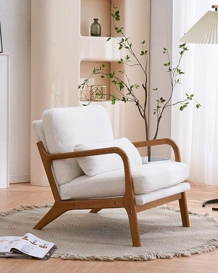 Bonnlo Teddy Fleece White Mid Century Modern Accent Chair, Soild Wood Padding Lounge Armchairs Side Sitting Chairs for Living Room, Bedroom, Guest Room - LeafyLoom