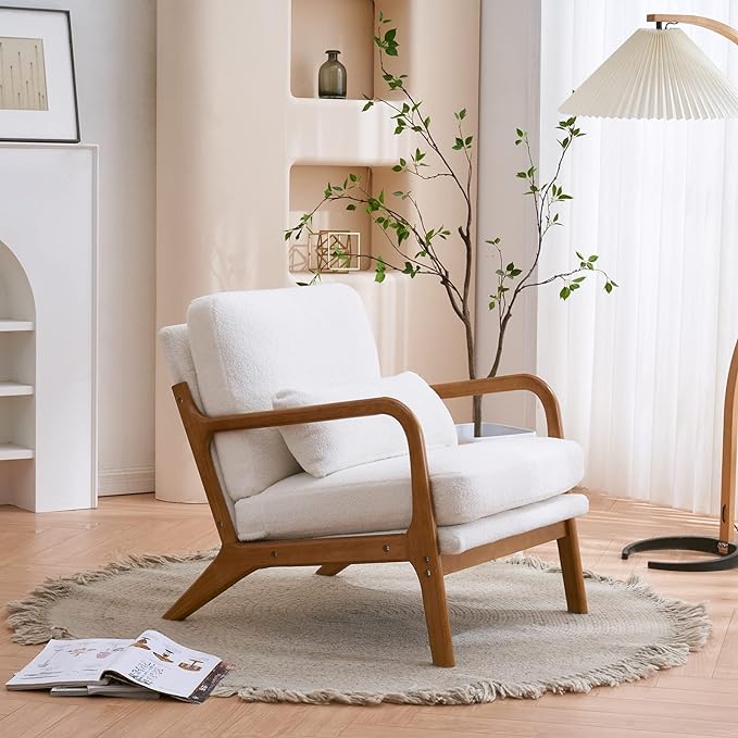 Bonnlo Teddy Fleece White Mid Century Modern Accent Chair, Soild Wood Padding Lounge Armchairs Side Sitting Chairs for Living Room, Bedroom, Guest Room - LeafyLoom