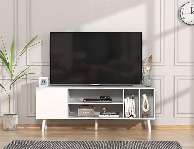 Yusong TV Stand for 55/65 inch TV, Mid Century Modern TV Console Table, Media Entertainment Center with Storage for Living Room Bedroom, Wood TV Cabinet, Oak White - LeafyLoom