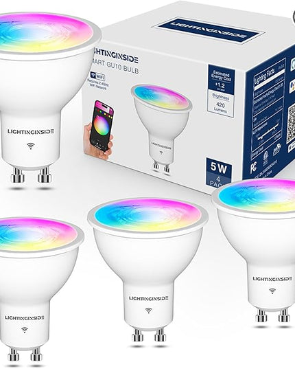 GU10 Smart Light Bulbs 50W Equivalent, 38°Beam Angle, Smart Bulb Compatible with Alexa/Google Assistant/Smart Life, 5W 420LM, RGBCW Spotlight Track Light, 2.4GHz WiFi, ETL Listed, 4PCS Lightinginside