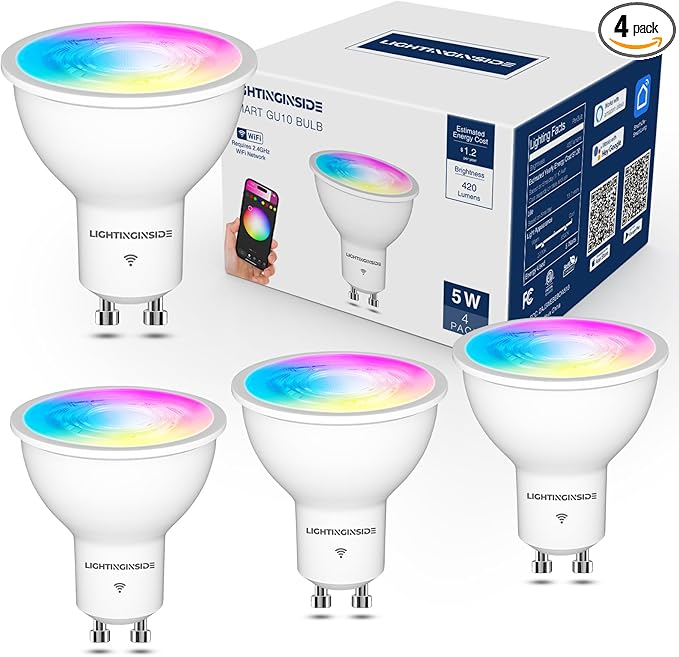 GU10 Smart Light Bulbs 50W Equivalent, 38°Beam Angle, Smart Bulb Compatible with Alexa/Google Assistant/Smart Life, 5W 420LM, RGBCW Spotlight Track Light, 2.4GHz WiFi, ETL Listed, 4PCS Lightinginside