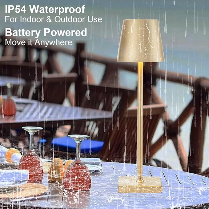 2 Pack Cordless Table Lamp Rechargeable LED Desk Lamp 5200mAh Aluminum Shell Battery Lamps Stepless Dimmable Portable Table Lights for Dinner/Restaurant/Outdoor IP54 Waterproof Gold - LeafyLoom