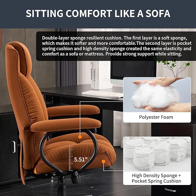 Office Chair Big and Tall, High Back Home Office Chair 400 lbs, Executive Office Chair with Ottoman, Ergonomic Office Chair with Padded Armrest, Swivel Computer Chair PU Leather (Khaki) - LeafyLoom