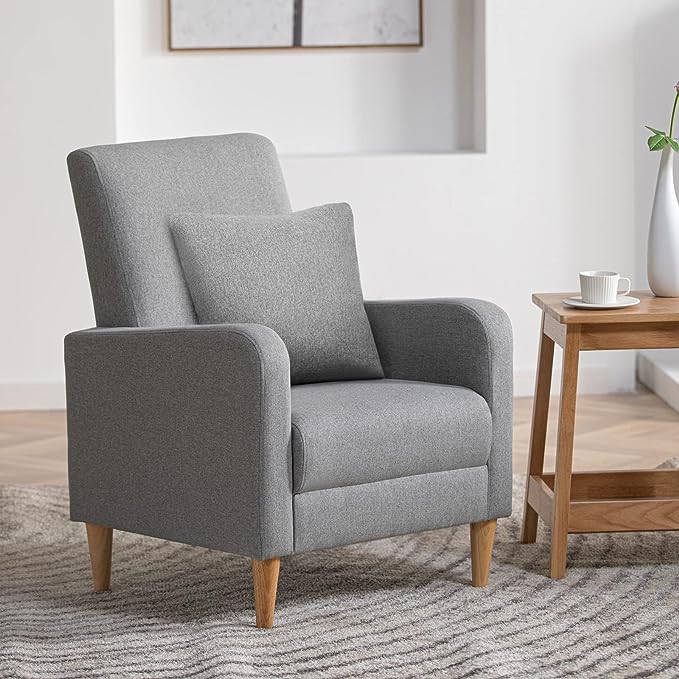 COLAMY Modern Upholstered Accent Chair Armchair with Pillow, Fabric Reading Living Room Side Chair,Single Sofa with Wood Legs, Light Grey - LeafyLoom