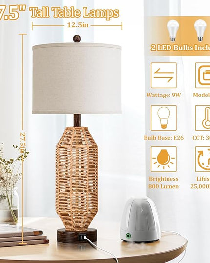27.5” Tall Rattan Table lamps Set of 2, Wicker Lamps with USB C+A Ports, Farmhouse Boho Bedside Lamps with Linen Lampshade, Rotary Switch Nightstand Lamps for Bedroom Living Room A19 LED Bulb Included - LeafyLoom