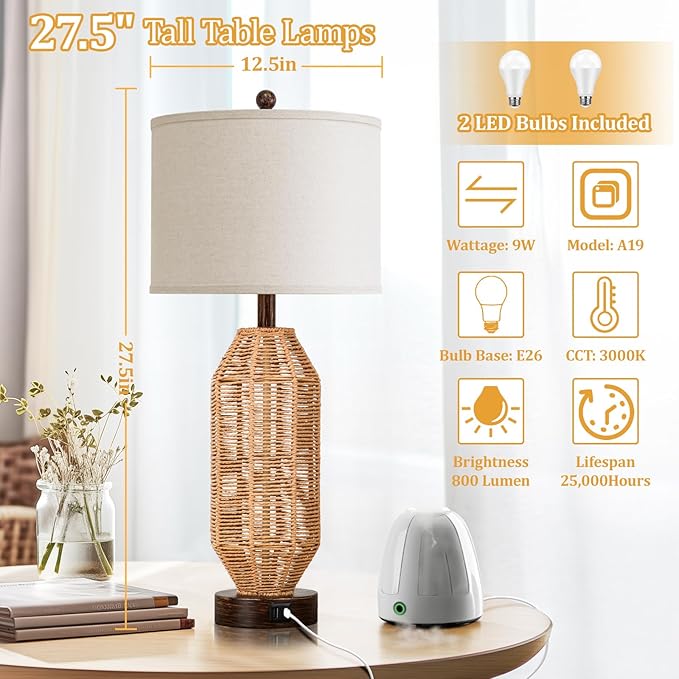 27.5” Tall Rattan Table lamps Set of 2, Wicker Lamps with USB C+A Ports, Farmhouse Boho Bedside Lamps with Linen Lampshade, Rotary Switch Nightstand Lamps for Bedroom Living Room A19 LED Bulb Included - LeafyLoom