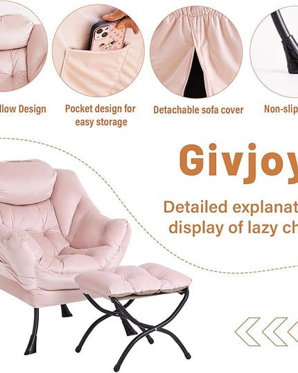 Lazy Chair and Ottoman, Large Accent Lounge Chair with Armrests and a Side Pocket, Modern Leisure Upholstered Sofa Reading Armchair with Footrest for Bedroom, Living Room, Dorm Rooms, Office - LeafyLoom