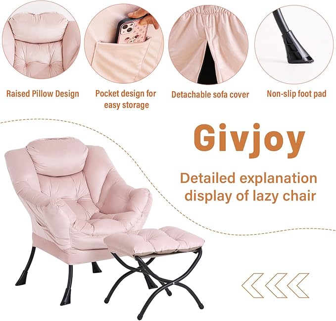 Lazy Chair and Ottoman, Large Accent Lounge Chair with Armrests and a Side Pocket, Modern Leisure Upholstered Sofa Reading Armchair with Footrest for Bedroom, Living Room, Dorm Rooms, Office - LeafyLoom
