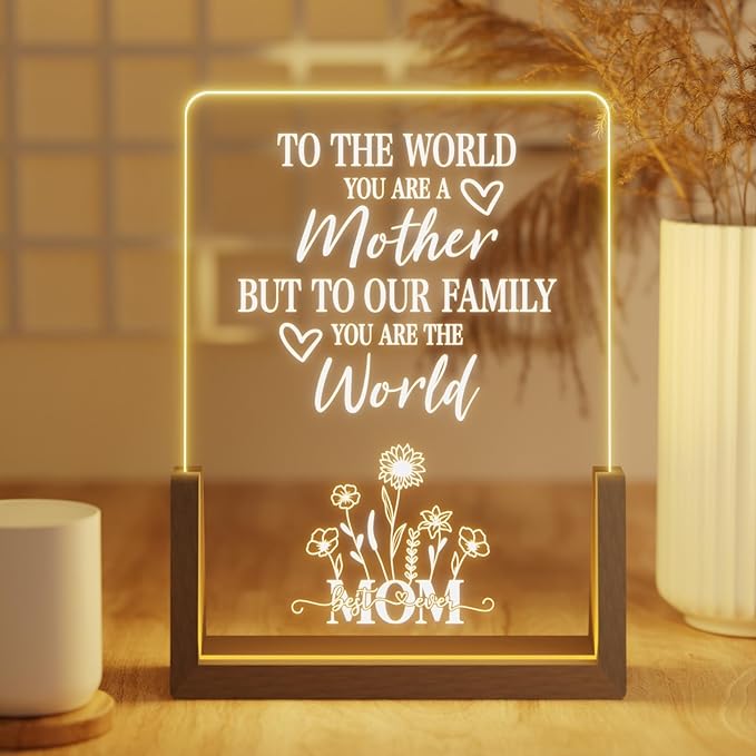 Sentimental Mothers Day Gifts for Mom from Daughter Son Kids, Walnut Night Light with Heartwarming Plaque for Mom's Birthday, Unique Mother's Day Gift Ideas for Wife, Best Mom Ever Gifts - LeafyLoom