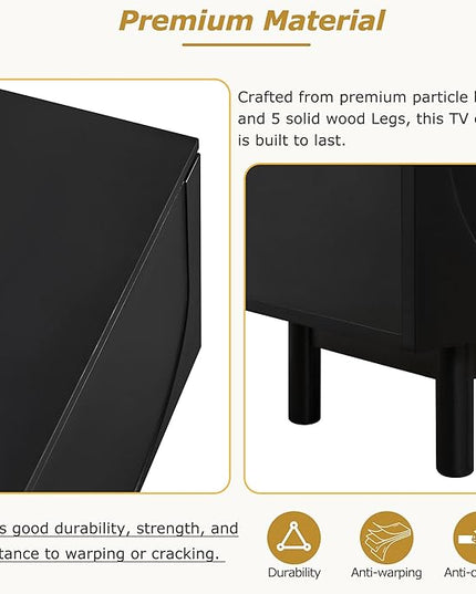 Merax Graceful TV Stand with Arch Cabinets for Televisions Up to 78'', Minimalist Entertainment Center with Solid Wood Legs and Adjustable Shelves, Practical Media Console for Living Room, Black - LeafyLoom
