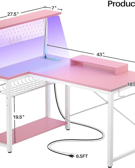 Homieasy Small Gaming Desk with Power Outlets Pegboard LED Light, 43 Inch L Shaped Computer Desk with Monitor Stand Storage Shelves, Reversible Corner Desk with Headset Hooks, Carbon Pink - LeafyLoom