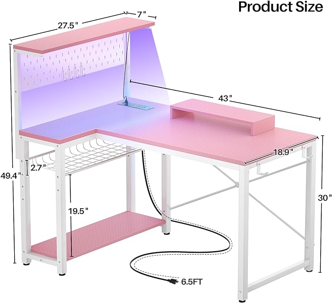 Homieasy Small Gaming Desk with Power Outlets Pegboard LED Light, 43 Inch L Shaped Computer Desk with Monitor Stand Storage Shelves, Reversible Corner Desk with Headset Hooks, Carbon Pink - LeafyLoom