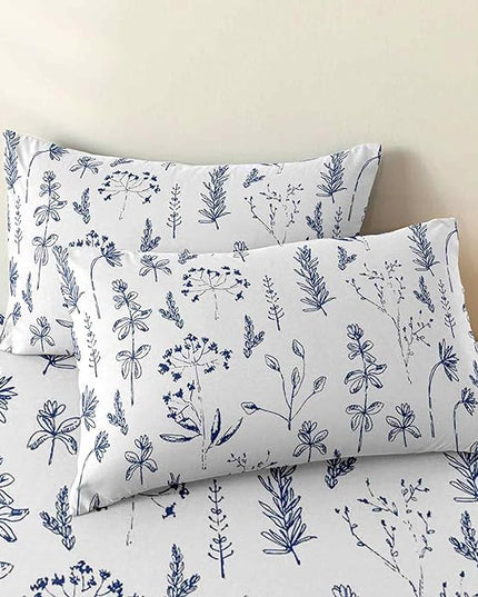 Nanko Blue Floral Comforter Set King Size 3 Pcs, White Flower Leaf Printed Pattern Spring Soft Microfiber Alternative Duvet, Vintage Farmhouse Lightweight Bedding Set Bed in a Bag for Women Men 104x90 - LeafyLoom