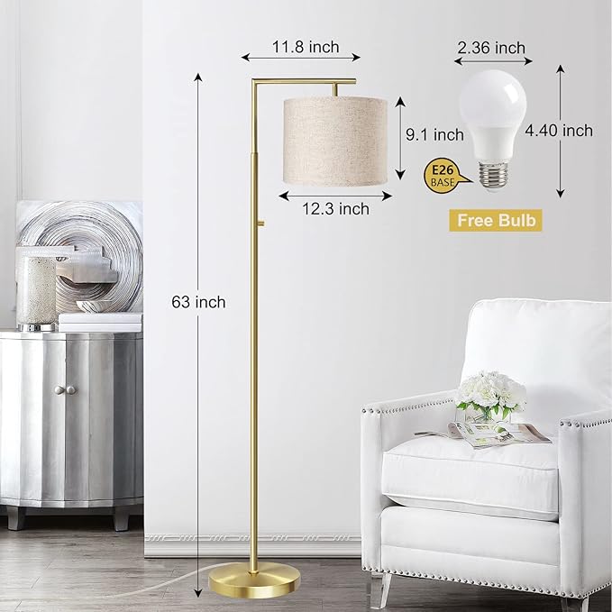 Dimmable Floor Lamp, 4-Color Temperature Modern Standing Lamp with Remote Control & Beige Shade, Tall Pole Floor Lamp for Living Room, Bedroom, Study Room, Office (LED Bulb Included) - Gold - LeafyLoom
