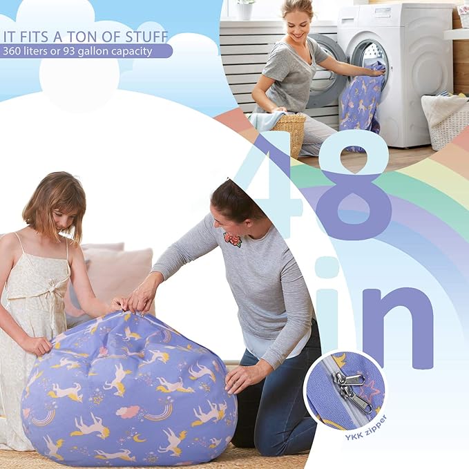 Aubliss Stuffed Animal Bean Bag Storage Chair (Light Blue Unicorn, X-Large (48'')) - LeafyLoom