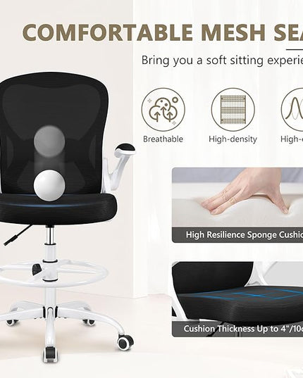 Drafting Chair, Tall Office Chair Ergonomic Standing Desk chair, Lumbar Support Computer Chair Swivel Task Rolling Chair with Adjustable Flip-up Armrests & Foot Ring (White) - LeafyLoom