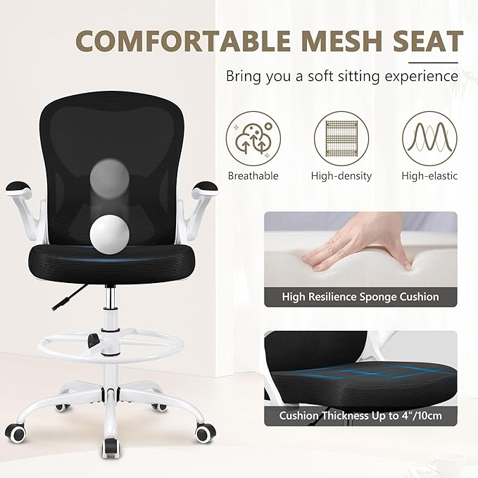 Drafting Chair, Tall Office Chair Ergonomic Standing Desk chair, Lumbar Support Computer Chair Swivel Task Rolling Chair with Adjustable Flip-up Armrests & Foot Ring (White) - LeafyLoom