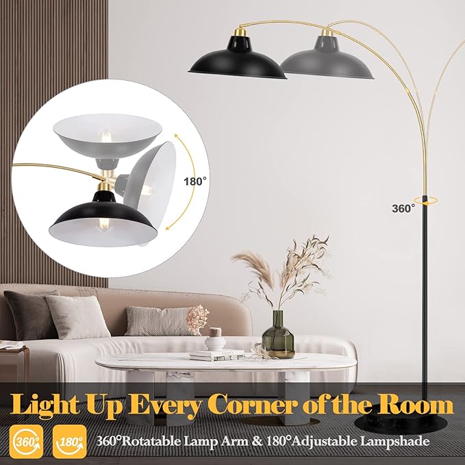 Arc Floor Lamp for Living Room, Marble Base Standing Lamp - Black Gold Floor Lamps with 360° Rotatable Arm, Industrial Tall Lamp Metal Material, Reading Lamp for Bedroom Couch Sofa Desk - LeafyLoom