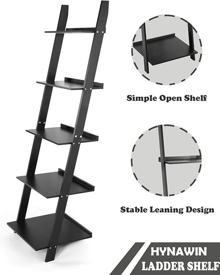 HYNAWIN Ladder Shelf 5 Tier Bookcase, Multipurpose Plant Flower Stand Bookshelf Storage Rack Shelves, Wood Look Accent Bamboo Frame Modern Furniture Home Office (Black) - LeafyLoom