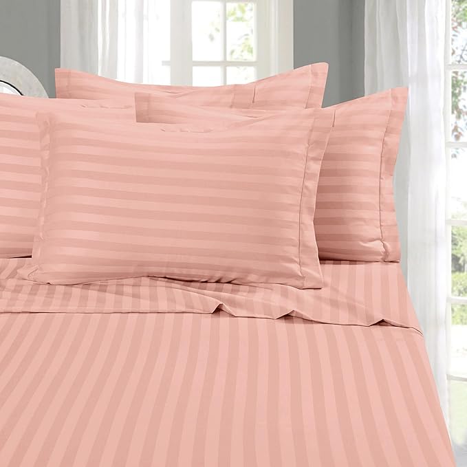 Elegant Comfort Softest and Coziest 6-Piece Sheet Set - 1500 Premium Hotel Quality Microfiber - Deep Pocket, Wrinkle Resistant 6-Piece Damask Stripe Bed Sheet Set, Queen, Dusty Rose - LeafyLoom