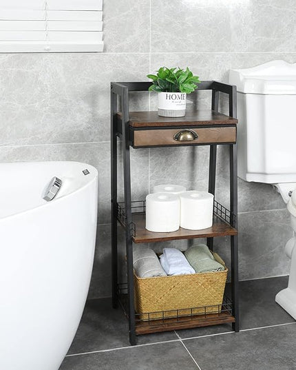 keomaisyto 3-Tier Bathroom Ladder Shelf, Bathroom Floor Storage Shelf with Drawer, Freestanding Tower Shelf, Open Shelving Unit for Bathroom Living Room Balcony - LeafyLoom