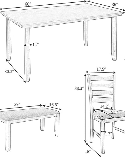 Kitchen Room Table and Chairs with Bench, Rustic Wood Dining Set, Set of 6, Gray - LeafyLoom