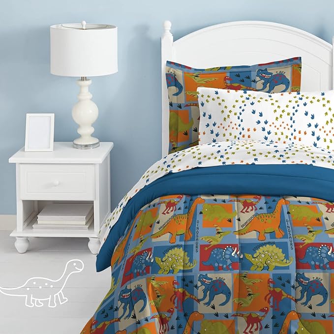 Dream Factory Dinosaur Blocks Ultra Soft Microfiber Boys Comforter Set, Blue, Twin - LeafyLoom