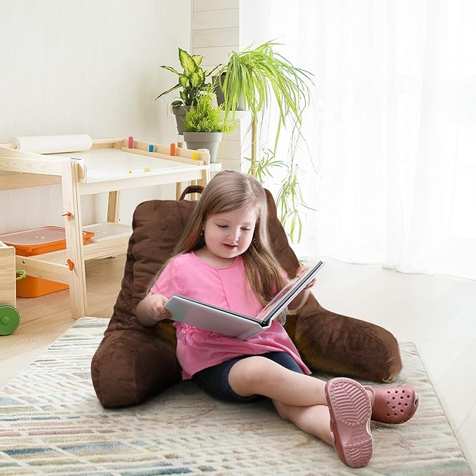 Nestl Reading Pillow with Portable Laptop Lap Desk, Velvet Feel Back Pillow for Sitting in Bed, Shredded Memory Foam Back Support Pillow for Bed, Bed Rest Pillow with Arms, Small - Brown - LeafyLoom