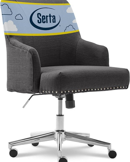 Serta Leighton Modern Office Chair, Stylish Mid-Back Desk Chair, Rivet Detail, Serta Quality Memory Foam, Armchair with Wheels, Vanity Chair, Swivel Chrome Metal Base, Twill Fabric, Dark Gray - LeafyLoom