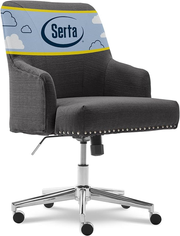 Serta Leighton Modern Office Chair, Stylish Mid-Back Desk Chair, Rivet Detail, Serta Quality Memory Foam, Armchair with Wheels, Vanity Chair, Swivel Chrome Metal Base, Twill Fabric, Dark Gray - LeafyLoom