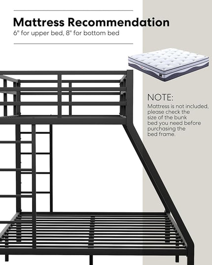 Metal Twin XL Over Queen Bunk Bed, Heavy Duty Twin XL Bunk Bed with 2 Safety Side Ladder and Full Length High Guardrail for Teens and Adults, Noise-Reduced - LeafyLoom