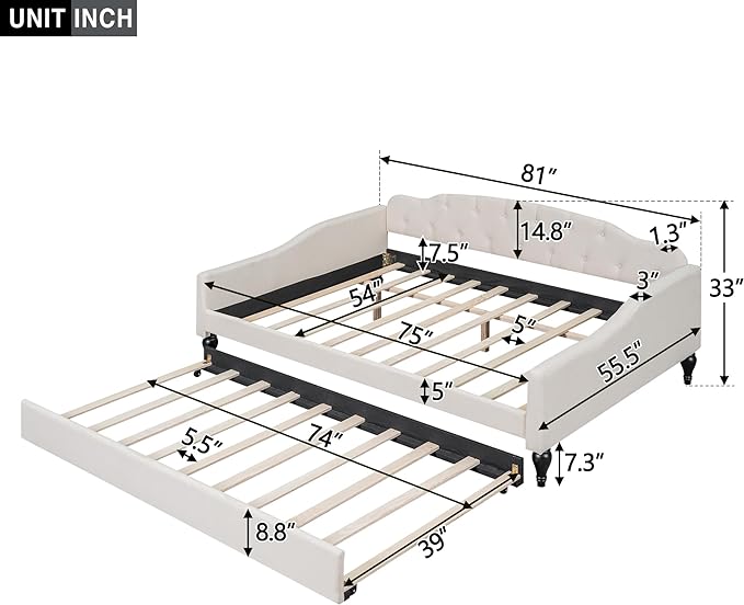 Full Size Upholstered Daybed with Trundle Bed Twin,Linen Sofa-Bed W/Button Tufted Back & Nailhead Decorated Waved Shape Arms,Slat Support,Bedframe for Bedroom Livingroom Small Space,Beige - LeafyLoom