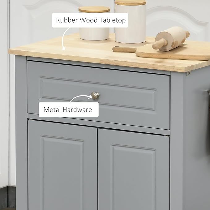 HOMCOM Rolling Kitchen Island Cart, Portable Serving Trolley Table with Drawer, Adjustable Shelf and 2 Towel Racks, Grey - LeafyLoom