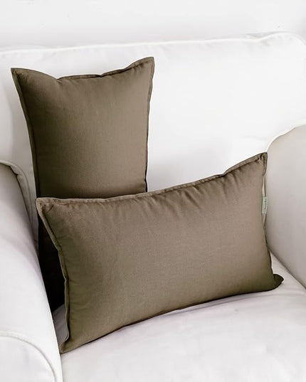 Jeanerlor Natural Cotton Linen Green Decorative 12"x20" Throw Pillow Case Cushion Cover with Twin Needles Stitch on Edge for Lumbar, (30 x 50cm), 2 Pcs, Khaki - LeafyLoom