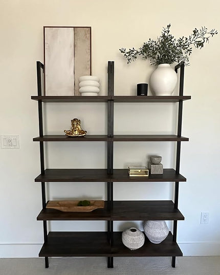 Nathan James Theo 5-Shelf Wood Modern Bookcase, Open Wall Mount Ladder Bookshelf with Industrial Metal Frame, Dark Brown Nutmeg/Black - LeafyLoom