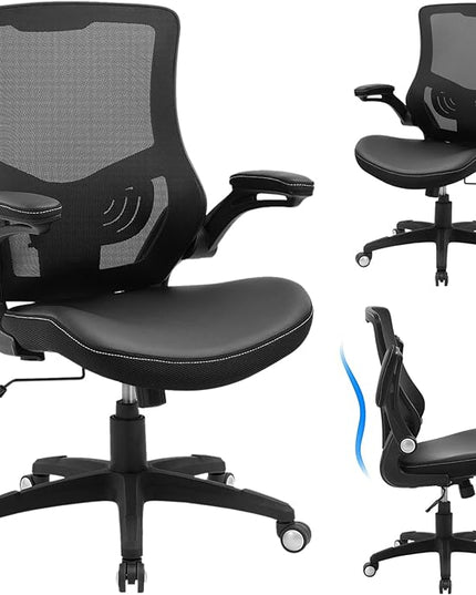 Office Chair Ergonomic Desk Chair, Computer PU Leather Home Office Chair, Swivel Mesh Back Adjustable Lumbar Support Flip-up Arms Executive Task Chair - LeafyLoom
