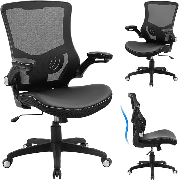 Office Chair Ergonomic Desk Chair, Computer PU Leather Home Office Chair, Swivel Mesh Back Adjustable Lumbar Support Flip-up Arms Executive Task Chair - LeafyLoom