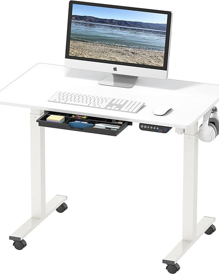 SHW Small Electric Height Adjustable Mobile Sit Stand Desk with Drawer, Hanging Hooks and Cable Management, 40 x 24 Inches, White - LeafyLoom