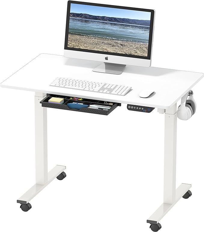 SHW Small Electric Height Adjustable Mobile Sit Stand Desk with Drawer, Hanging Hooks and Cable Management, 40 x 24 Inches, White - LeafyLoom