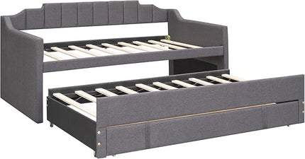 Twin Size Upholstered Daybed Sofa Bed with Trundle and 3 Storage Drawers, for Living Room and Bedroom, Grey - LeafyLoom