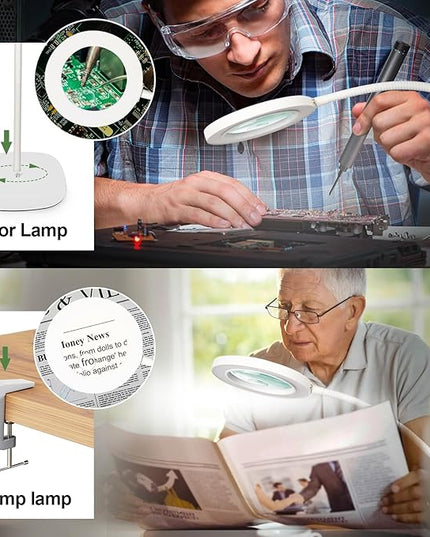 HITTI 10X&15X Floor Magnifying Glass with Light, Flexible Gooseneck Magnifying Floor Lamp, 3 Color Modes Stepless Dimmable Hands Free LED Lighted Magnifier Stand for Close Work Jewellery Esthetican - LeafyLoom