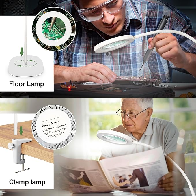 HITTI 10X&15X Floor Magnifying Glass with Light, Flexible Gooseneck Magnifying Floor Lamp, 3 Color Modes Stepless Dimmable Hands Free LED Lighted Magnifier Stand for Close Work Jewellery Esthetican - LeafyLoom