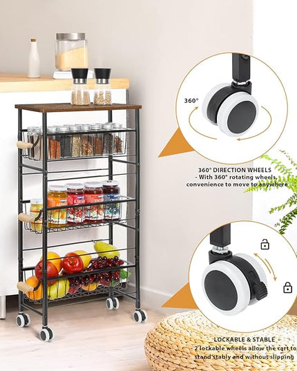 4-Tier Slim Storage Cart, Kitchen Rolling Utility Cart Bathroom Organizer Laundry Room Organization Mobile Shelving Unit with Slide-Out Metal Wire Baskets, Wooden Tabletop & Wheels for Narrow Space - LeafyLoom