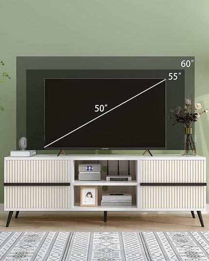 TV Stand for 60 Inch - Wooden Television Stand Table with Storage Cabinets and Open Shelves up to 60", Entertainment Center, Media Console for Living Room and Bedroom, Warm White - LeafyLoom