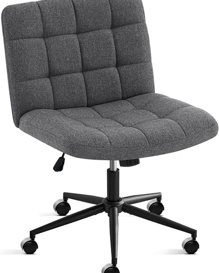 Furniliving Armless Office Desk Chair, Linen Fabric Padded Swivel Chair, Adjustable Home Office Chair with 360° Wheels, Wide Criss Cross Chair for Desk for Living Room, Bedroom, Darkgrey - LeafyLoom