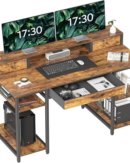 Treesland 47 Inch Multifunctional Computer Desk with Monitor Shelf, Professional Dual Tiers Writing Desk, 3 Drawers, and Storage - Sturdy Home Office Desk, Brown - LeafyLoom