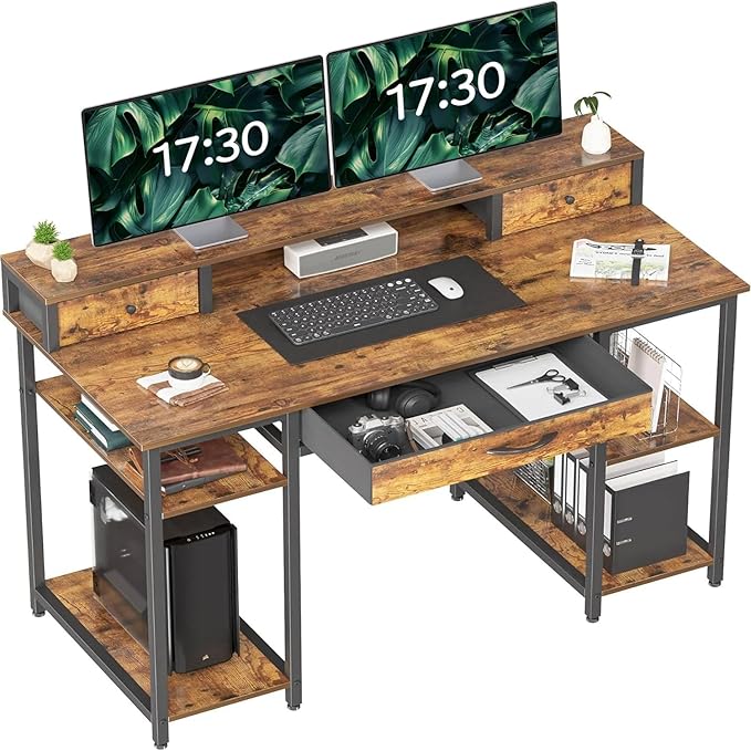 Treesland 47 Inch Multifunctional Computer Desk with Monitor Shelf, Professional Dual Tiers Writing Desk, 3 Drawers, and Storage - Sturdy Home Office Desk, Brown - LeafyLoom