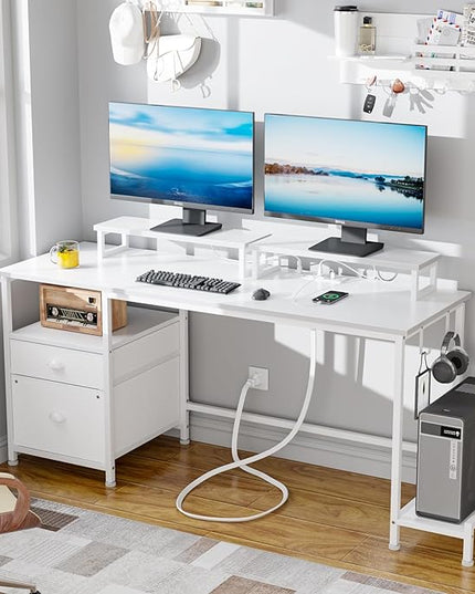 Furologee White Computer Desk with Drawer and Power Outlets, 55" Large Gaming Desk with Fabric File Cabinet and 2 Movable Monitor Shelves, Writing Table with CPU Stand and 2 Hooks for Home Office - LeafyLoom