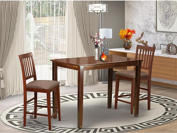 East West Furniture YAVN3-MAH-C 3 Piece Kitchen Counter Height Dining Table Set Contains a Rectangle Dining Room Table and 2 Linen Fabric Upholstered Chairs, 30x48 Inch, Mahogany - LeafyLoom